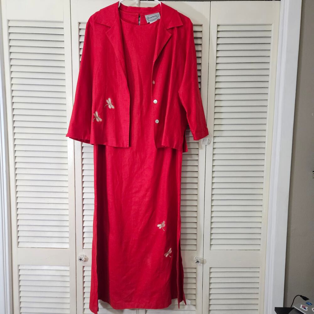 NWT Stonebridge Vintage Red Linen Maxi Dress & Jacket Set 2pc Dragonfly M